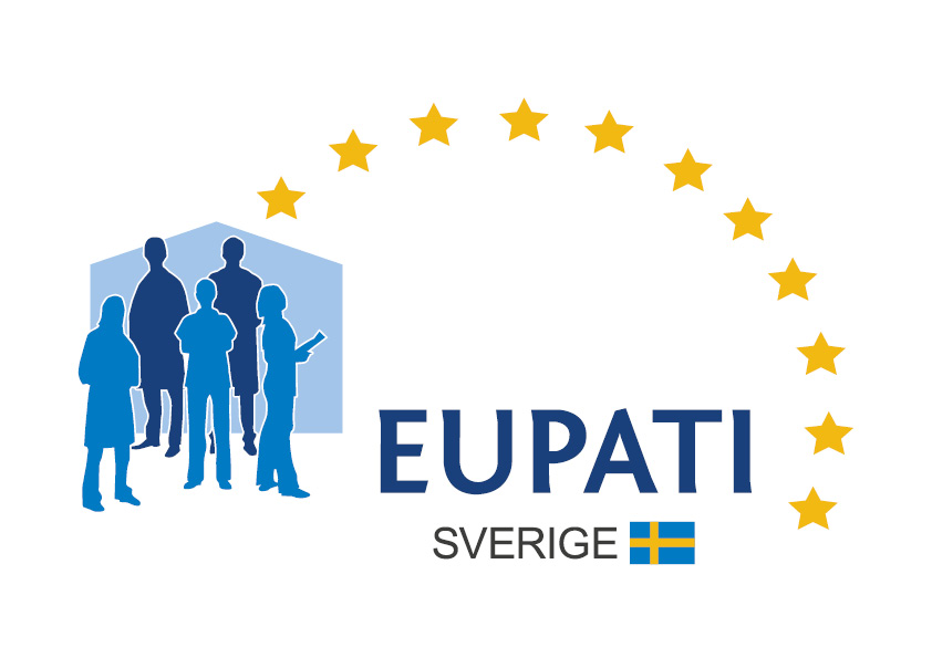 Logotyp med texten "Eupati Sverige" och tecknade personer i helfigur samt gula stjärnor på rad.