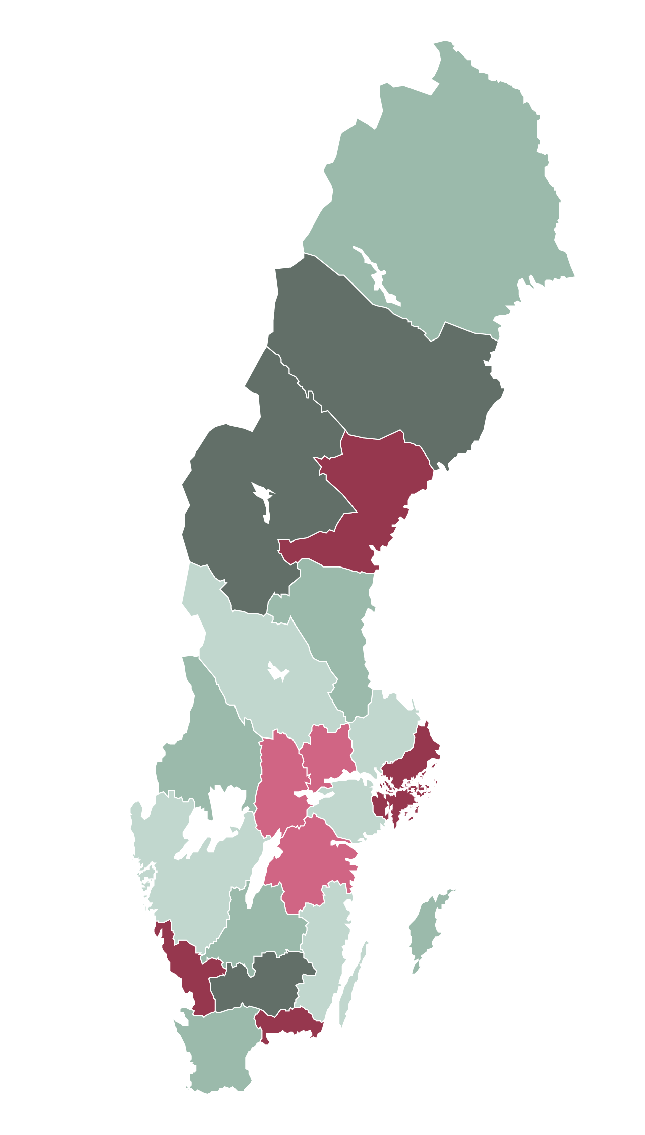 En tecknad Sverige-karta där länen har olika färger. 