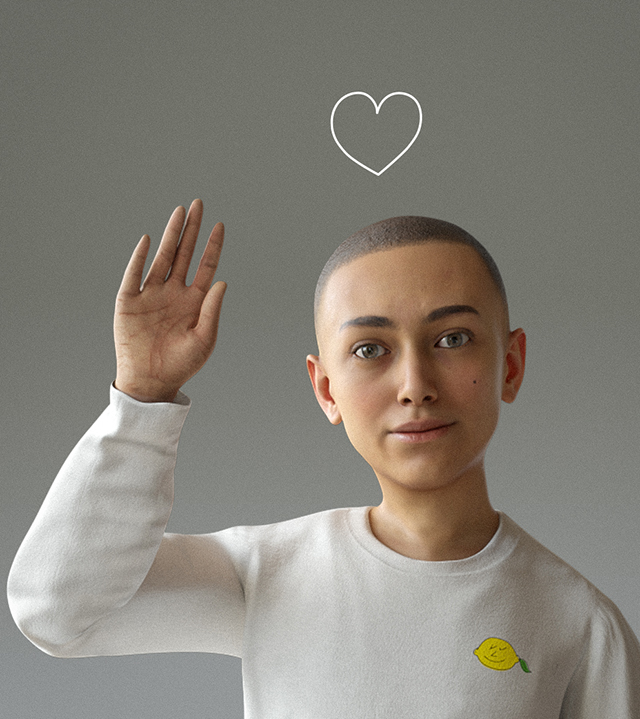 En animerad ungdom med vit tröja och ett vänligt uttryck i ansiktet lyfter upp handen i en vinkning. Ovanför hens huvud är ett hjärta ritat i vitt. 