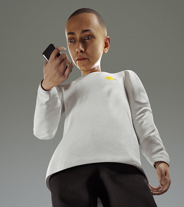 En 3D-animerad ungdom tittar ner på sin mobil som hen håller i sin ena hand. 