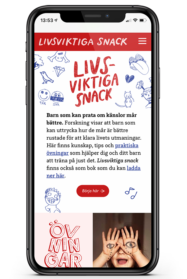 En mobilskärm visar webbplatsen för Livsviktiga snack. 