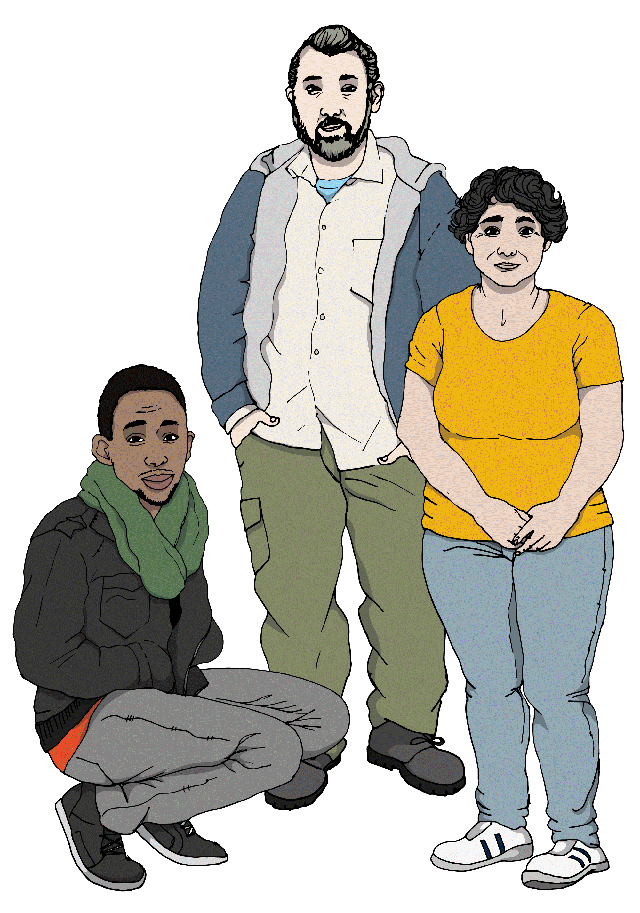 Tre tecknade personer, en kvinna och två män, mot en vit bakgrund.